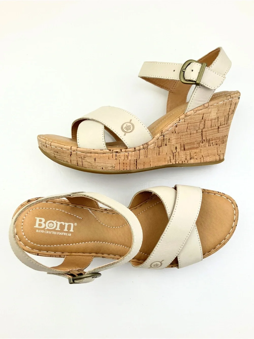 Born Alaina Platform Wedge Sandal Cream Leather Sz 6